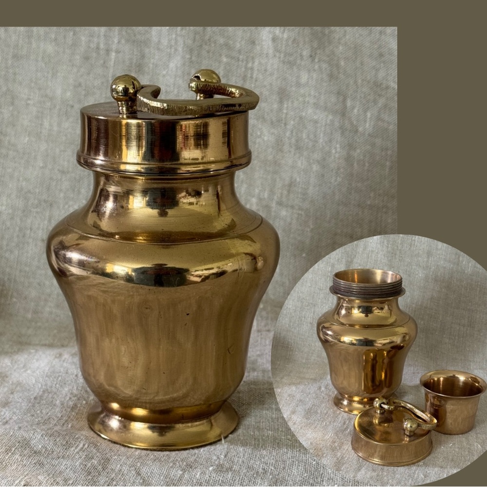 vintage solid brass Indian water jug with cup